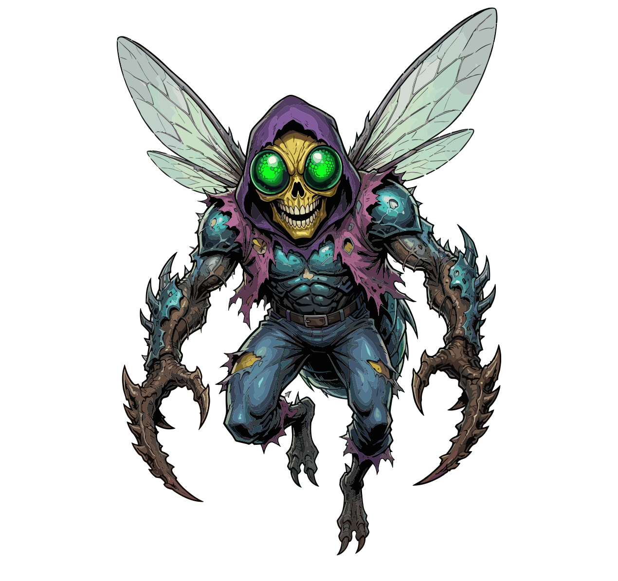 Deadly Fly Collectibles mascot: a hooded skull-faced fly villain with clawed arms